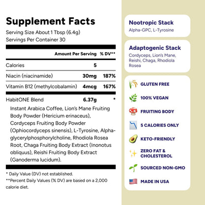 Habit One non GMO vegan and gluten free mushroom coffee mix