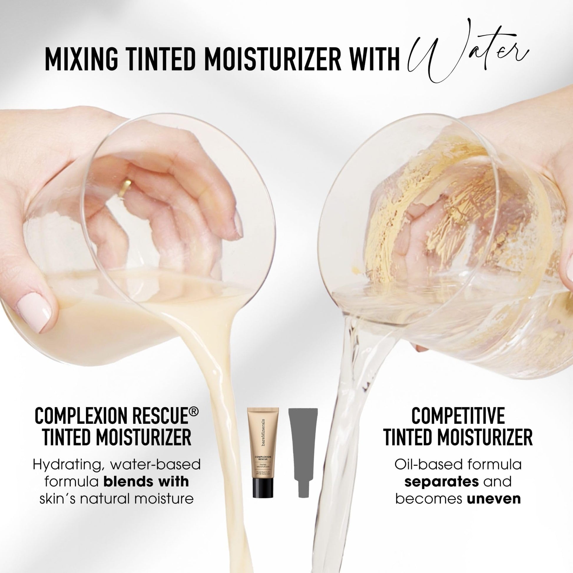 BareMinerals Complexion Rescue product layout with hydration benefits highlighted