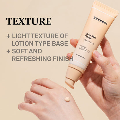 COSNORI blemish concealing base creamy texture swatch on skin.