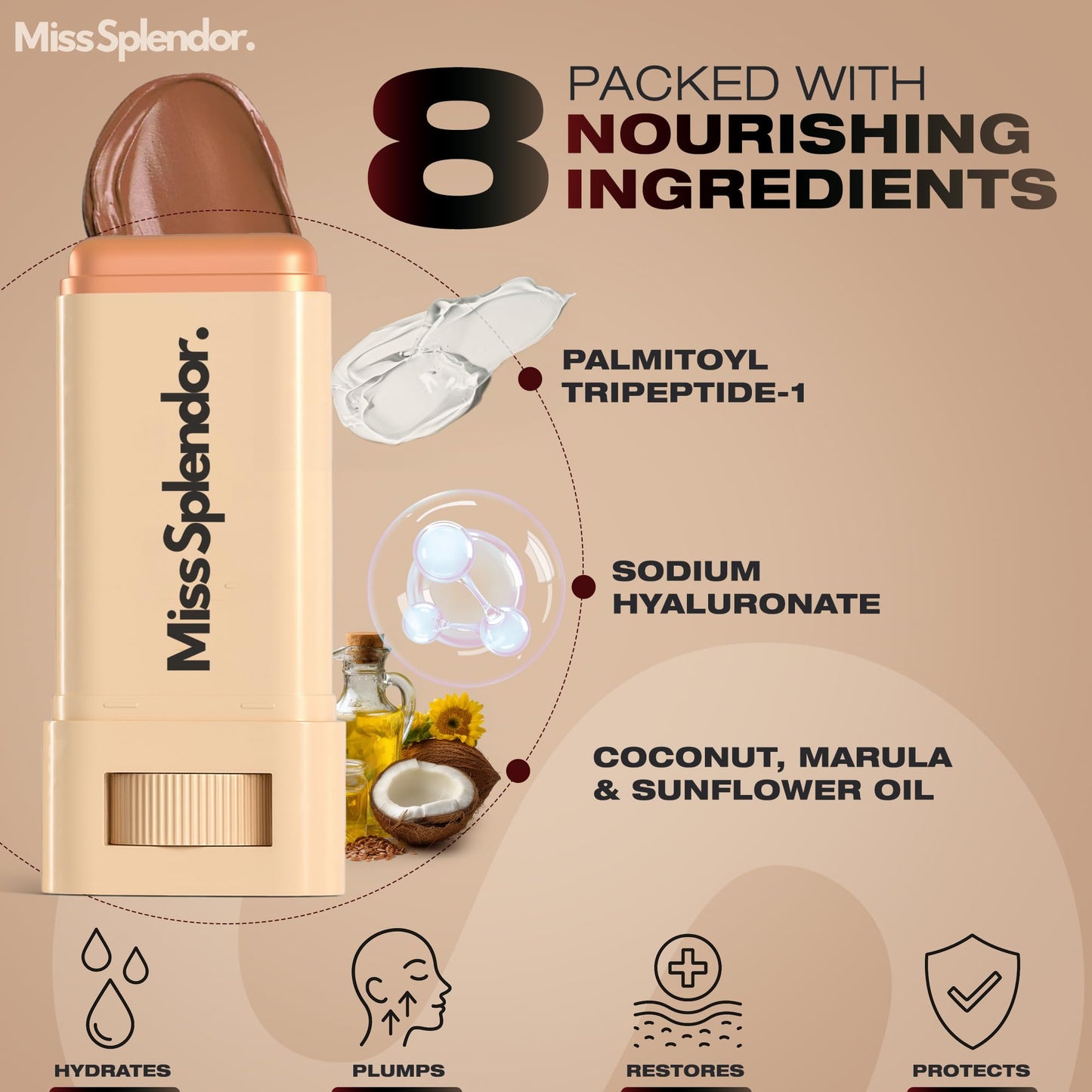 Back label view of the Miss Splendor skin tint pack detailing the eight skincare ingredients.