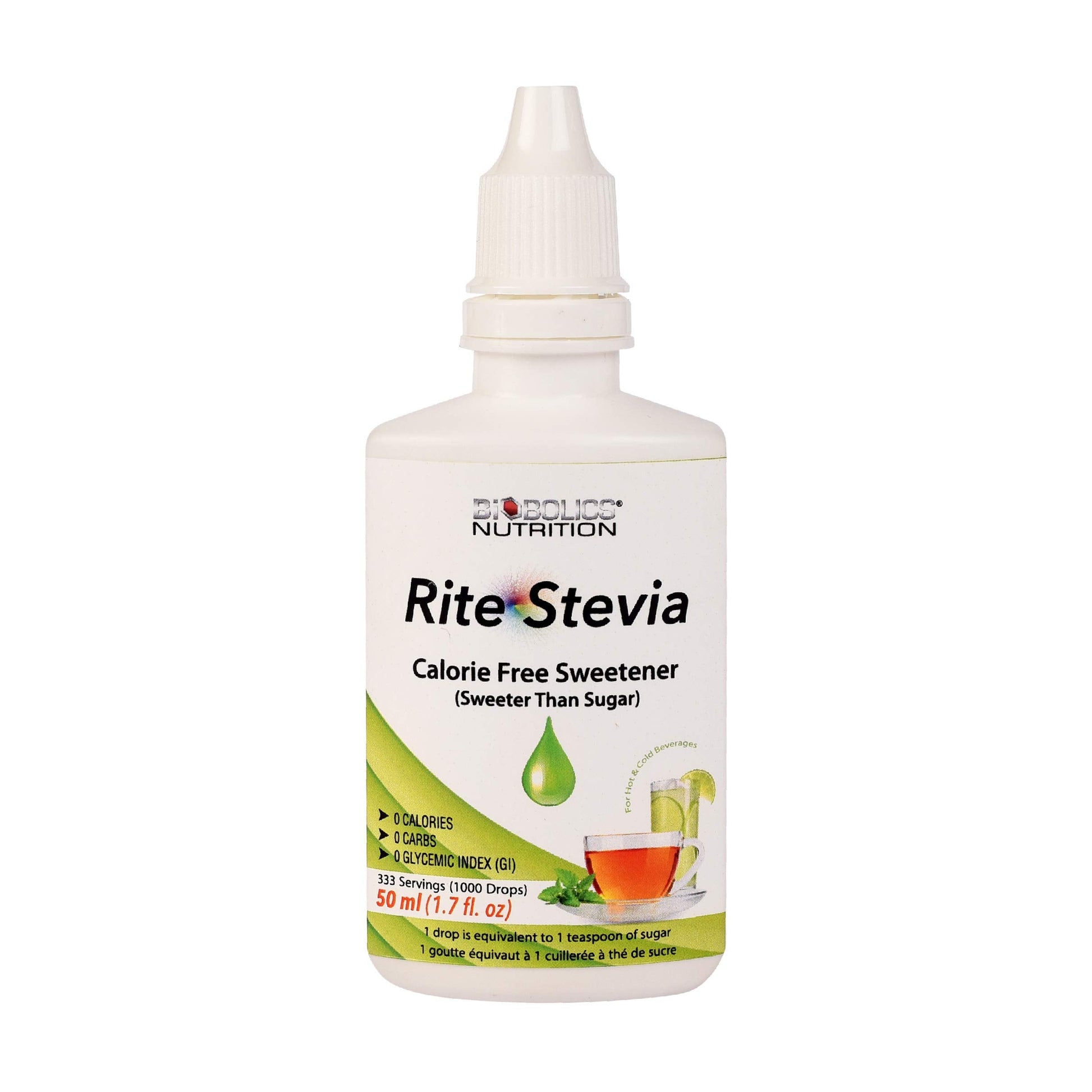 Close up of the dropper mechanism dispensing a single drop of natural stevia liquid.