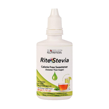 Close up of the dropper mechanism dispensing a single drop of natural stevia liquid.