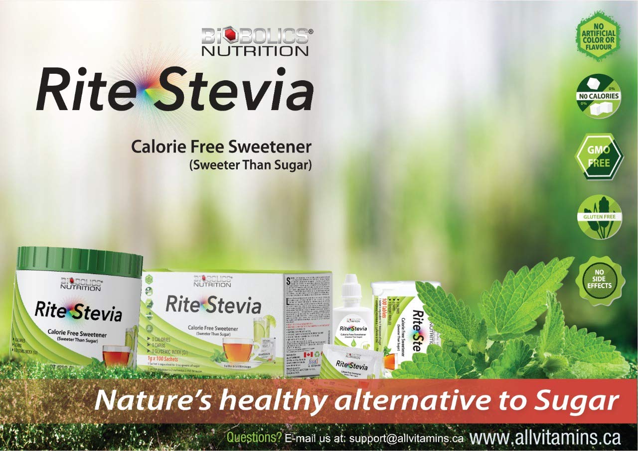 Natural plant based stevia drops bottle showcased on a kitchen counter with baking ingredients.