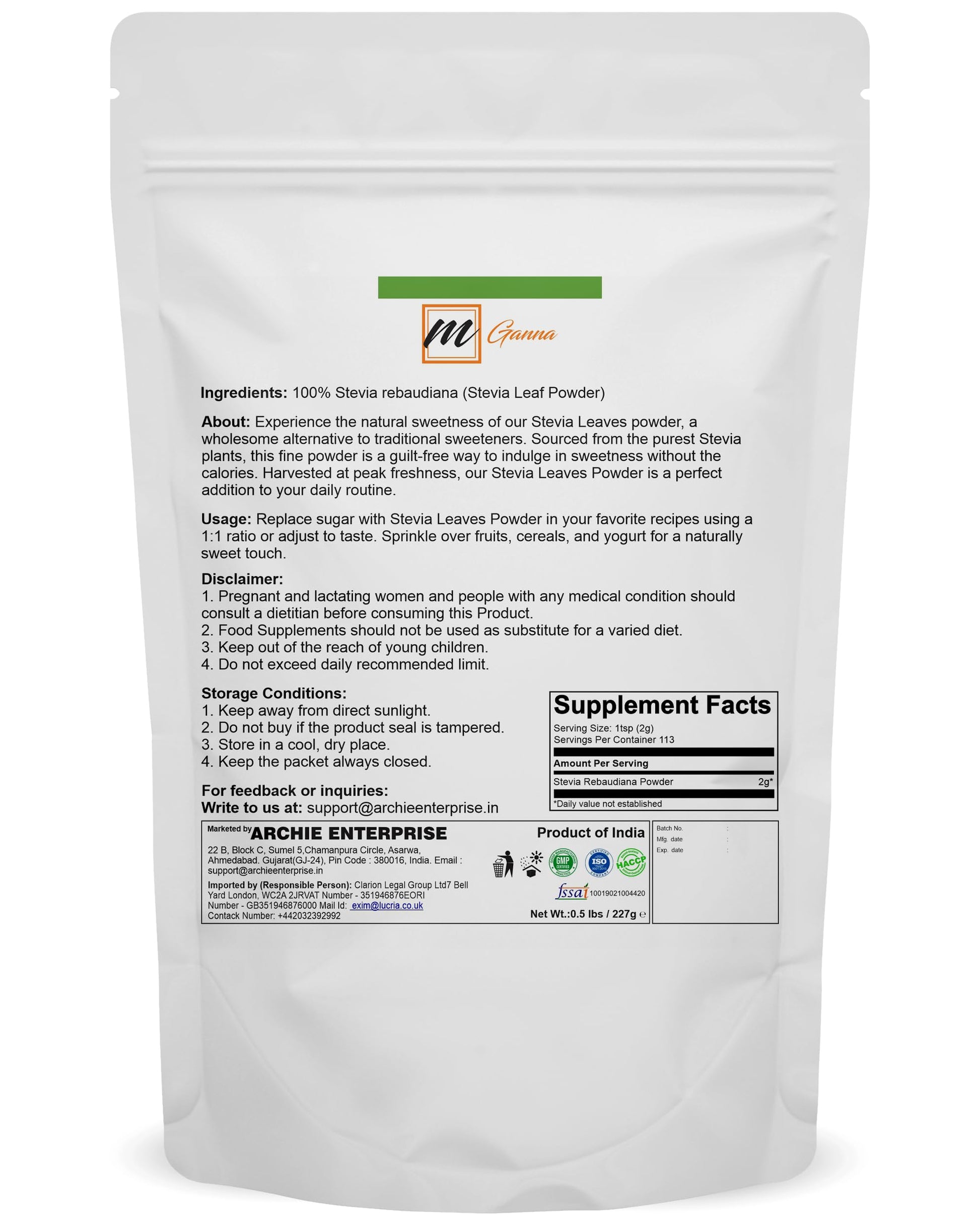 mGanna green stevia sugar substitute zero calorie plant based sweetener