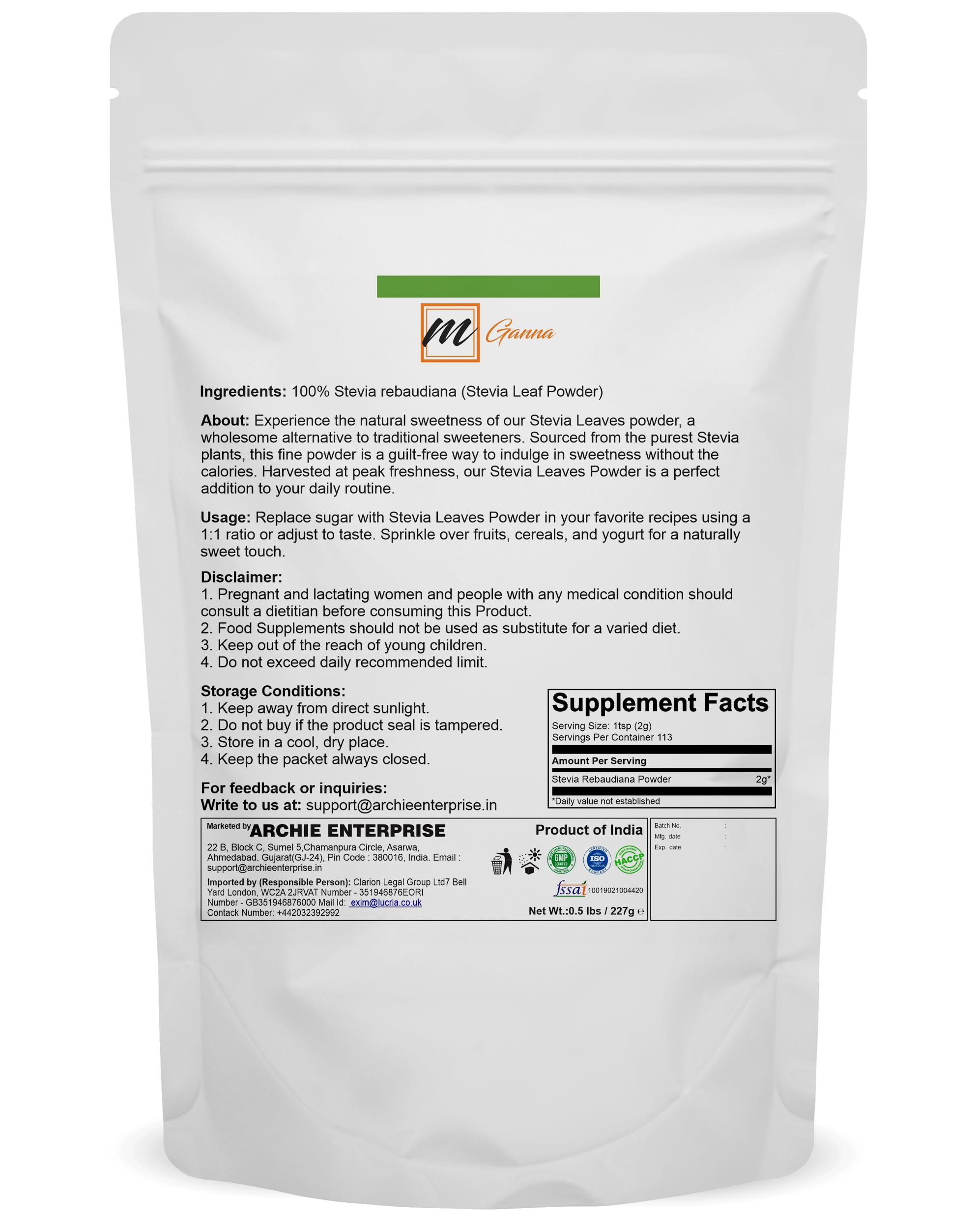 mGanna green stevia sugar substitute zero calorie plant based sweetener