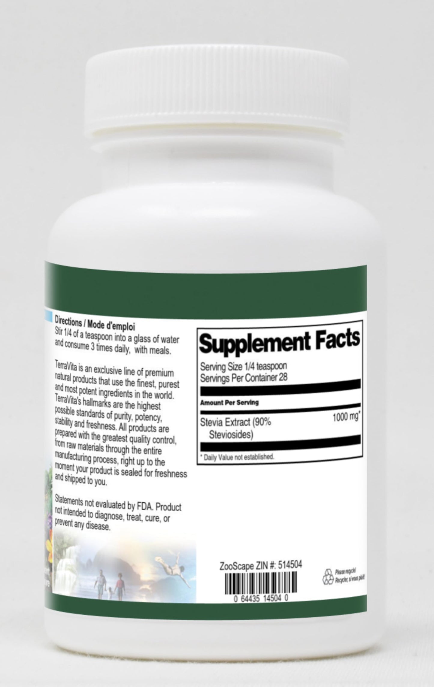 TerraVita natural sweetener zero calorie stevia powder dietary supplement facts label.