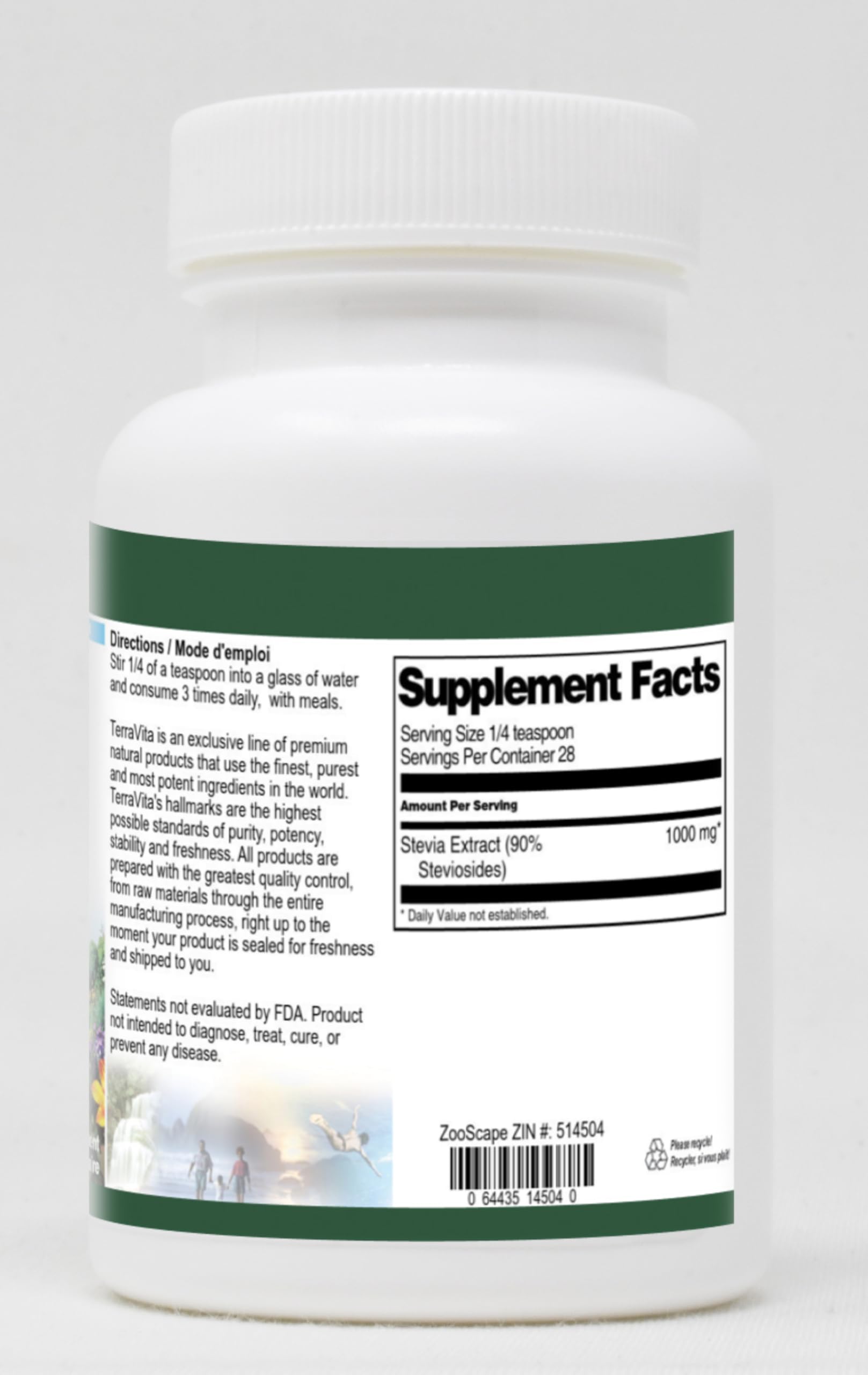 TerraVita natural sweetener zero calorie stevia powder dietary supplement facts label.
