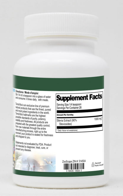 TerraVita natural sweetener zero calorie stevia powder dietary supplement facts label.