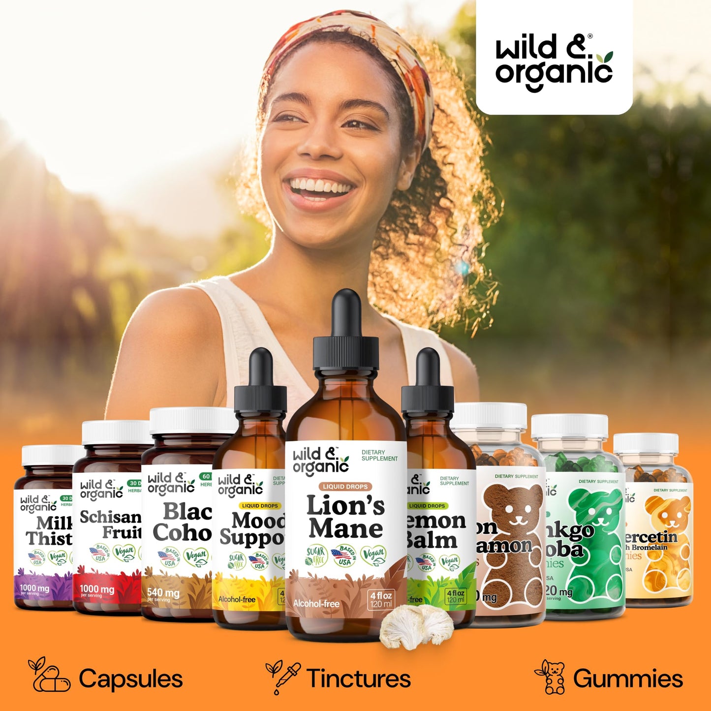 Authentic USA imported Wild And Organic focus support liquid supplement bottle on clean background