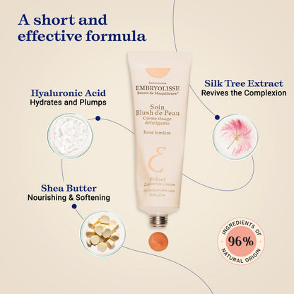 Embryolisse illuminating healthy glow cream packaging with hyaluronic acid and silk proteins.