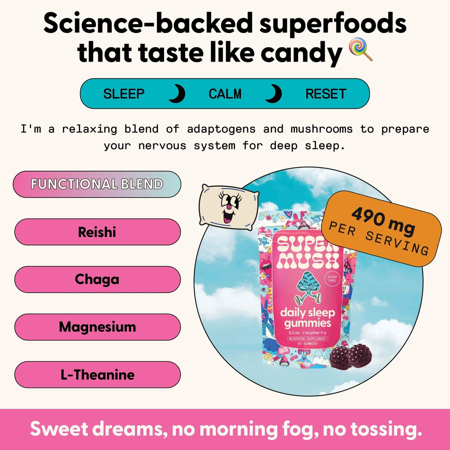 SuperMush Daily Sleep Mushroom Gummies side view sugar free vegan sleep aid