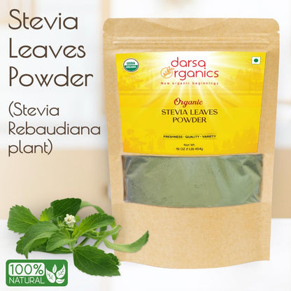 Green stevia sweetener powder next to a hot cup of herbal tea