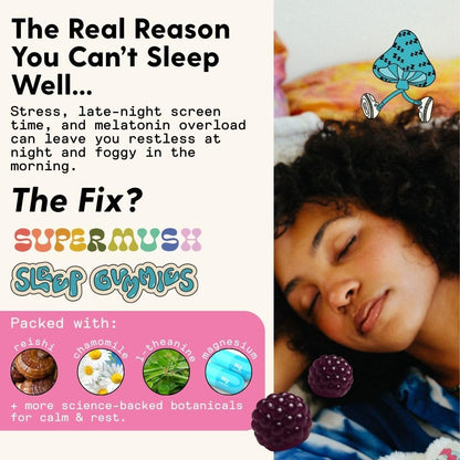 SuperMush Daily Sleep Mushroom Gummies back view with ingredient nutrition facts label
