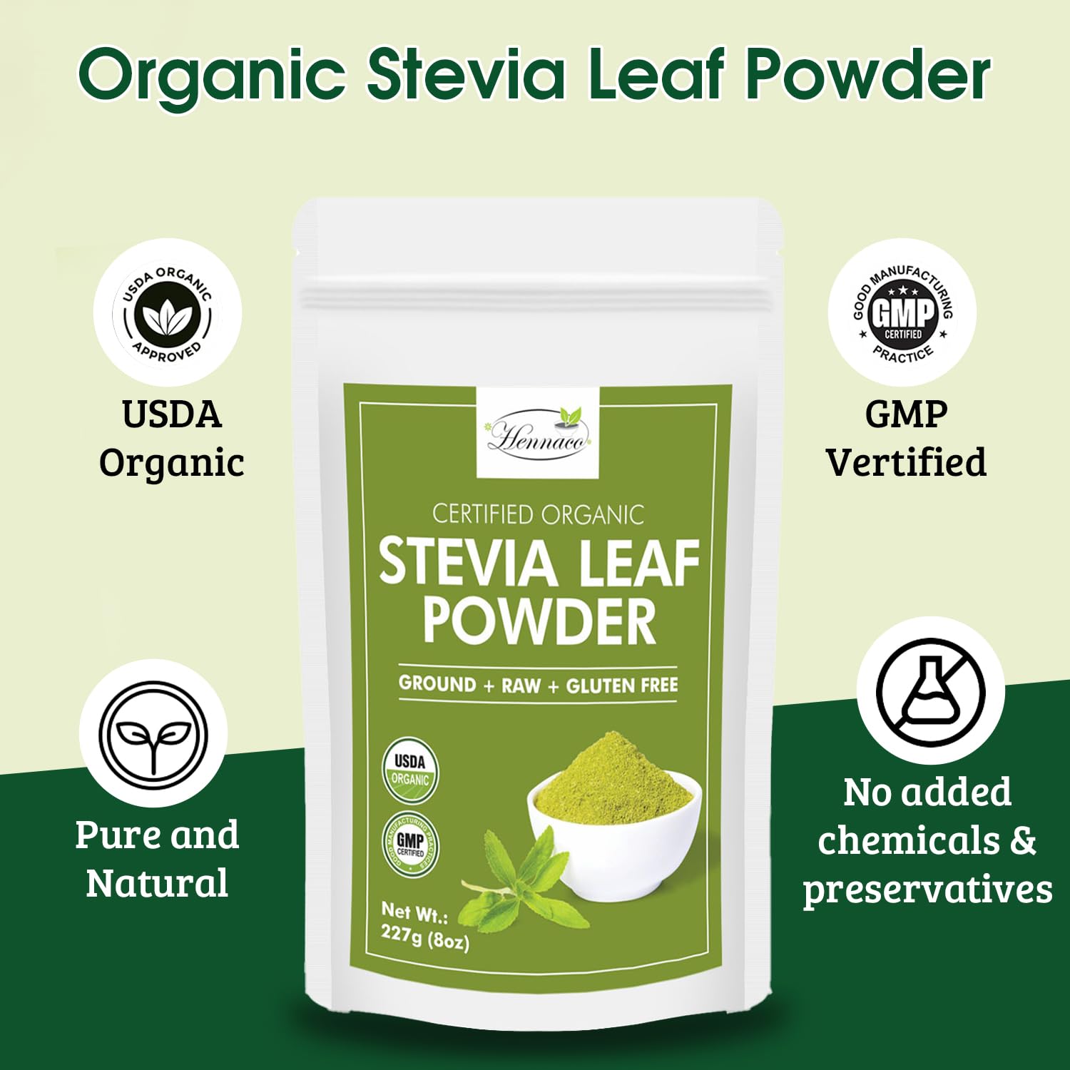 Hennaco plant based zero calorie sweetener packaging showing organic raw ingredients list