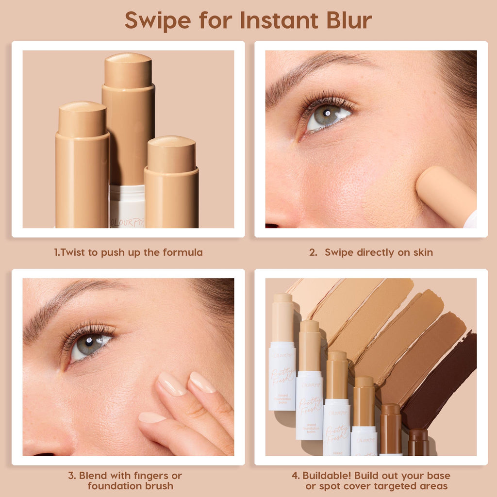 ColourPop Pretty Fresh Tinted Foundation Stick swatches on skin