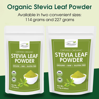 Hennaco organic unrefined green stevia powder highlighted on a clean background