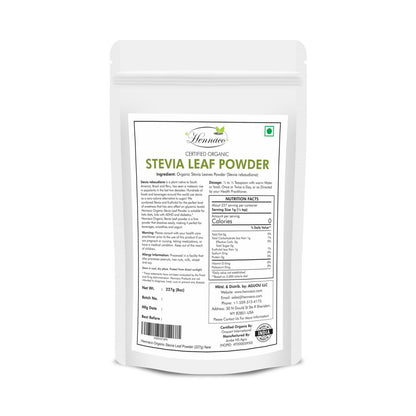 Nutritional facts panel and product description on the back of Hennaco stevia pouch
