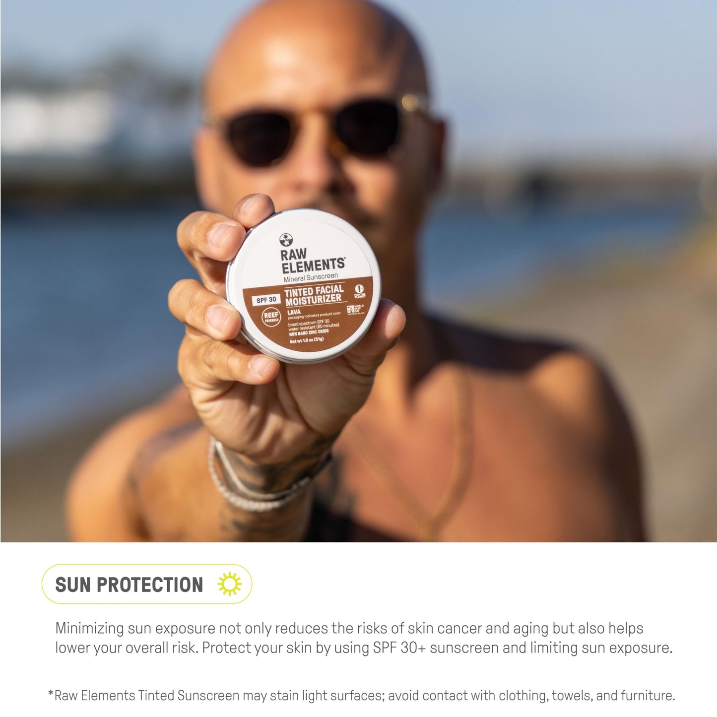 Complete product view of Raw Elements tinted face cream showing the actual container size and bronze color designation.