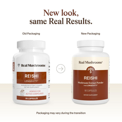 Real Mushrooms Red Reishi 90 capsules bottle showing supplement facts and ingredients
