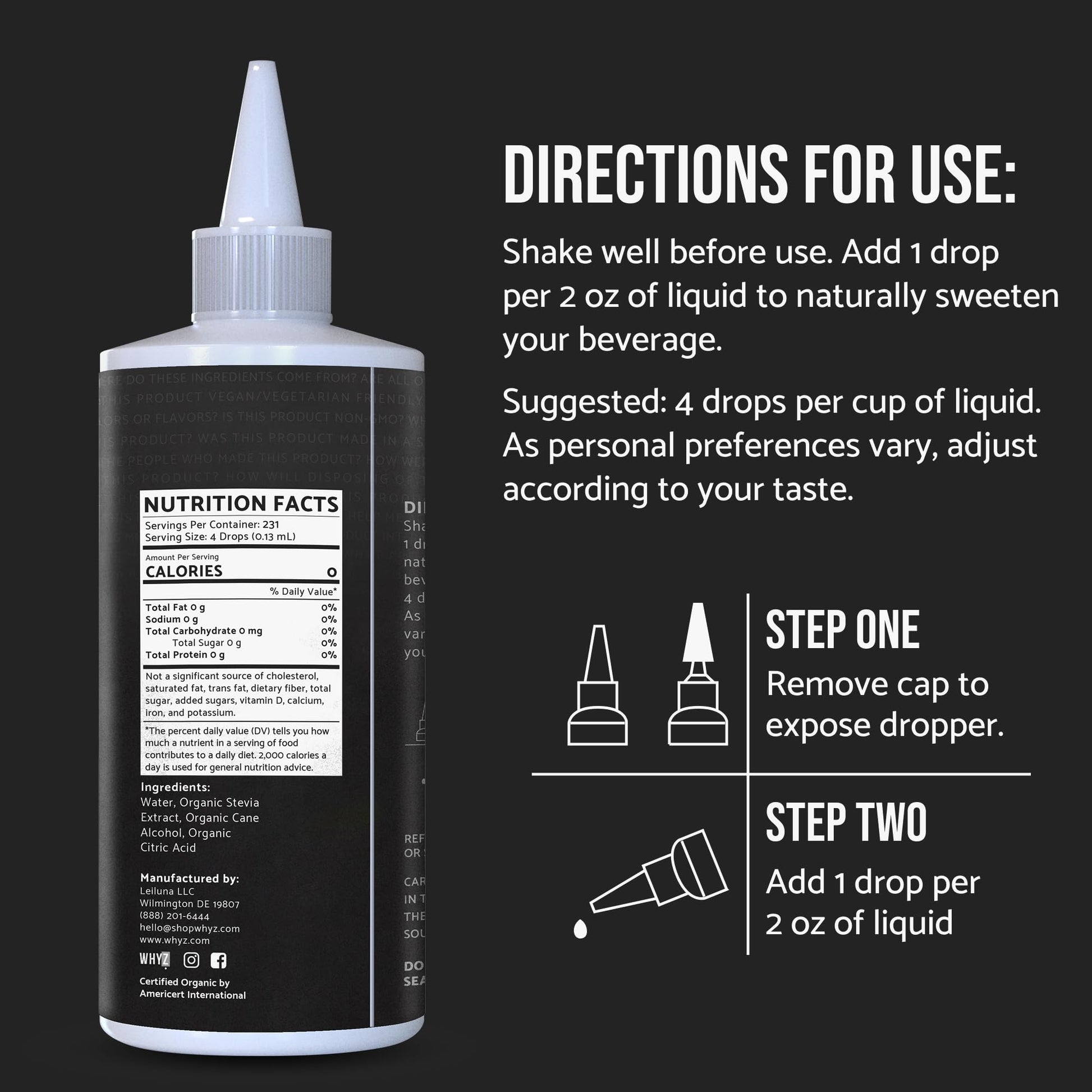 WHYZ plant based liquid sweetener 1 fluid ounce bottle packaging details
