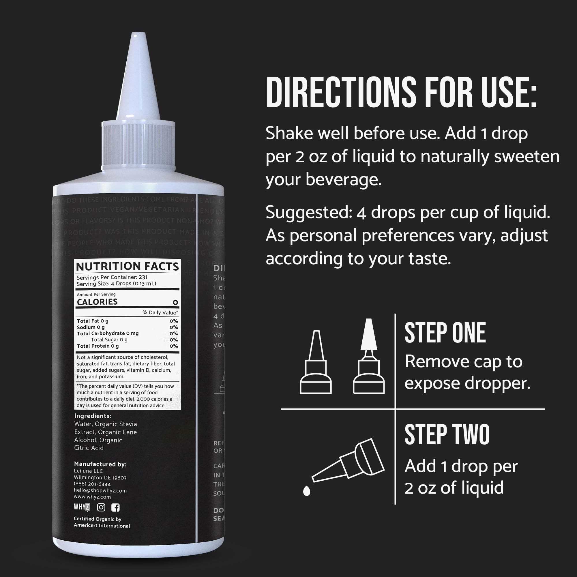 WHYZ plant based liquid sweetener 1 fluid ounce bottle packaging details
