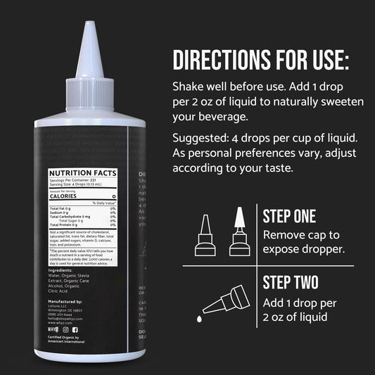 WHYZ plant based liquid sweetener 1 fluid ounce bottle packaging details