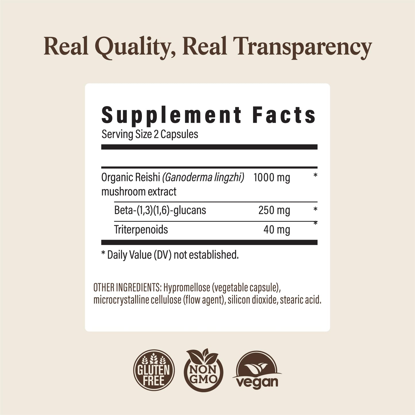 Real Mushrooms pure fruiting body mushroom capsules non GMO verified lab report