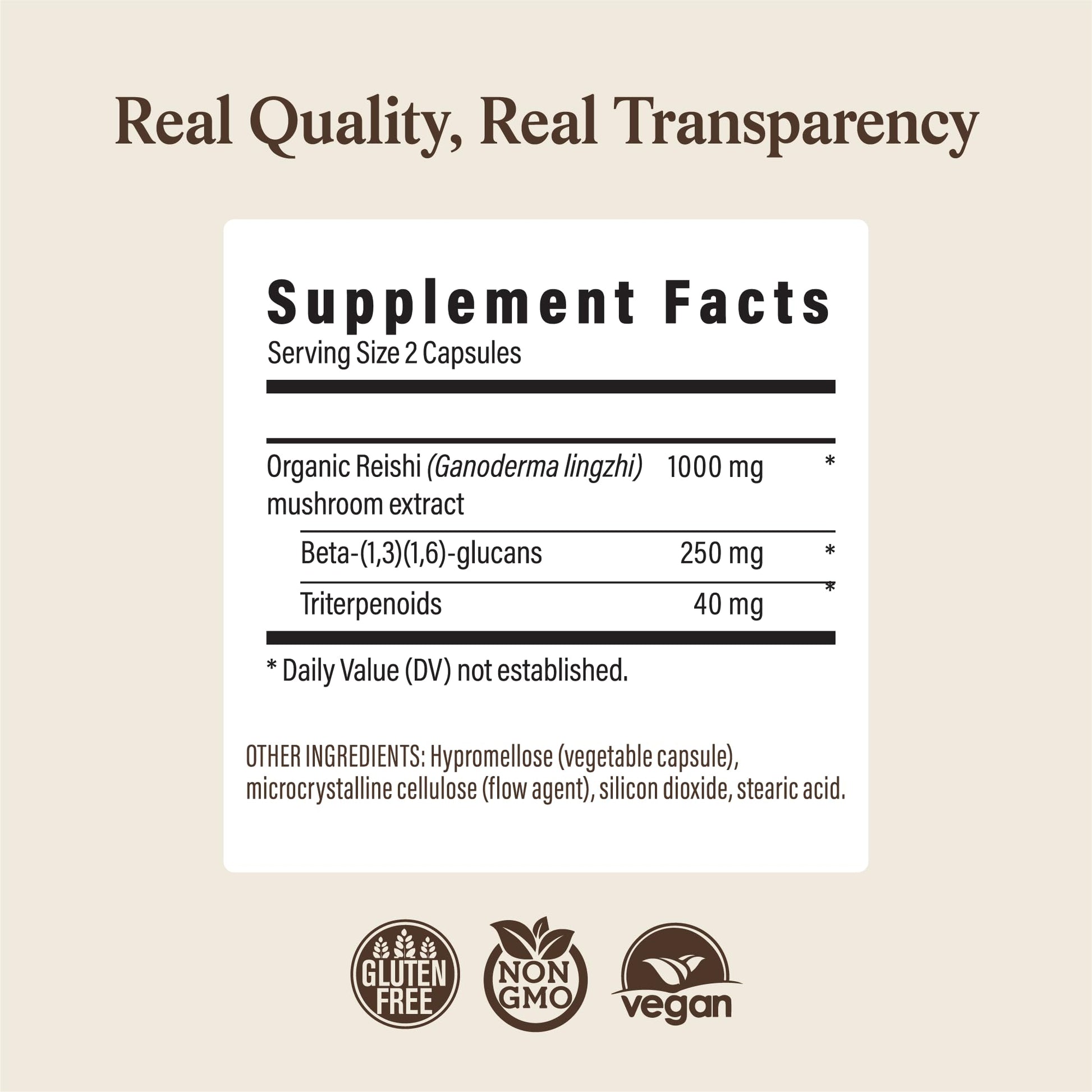 Real Mushrooms pure fruiting body mushroom capsules non GMO verified lab report