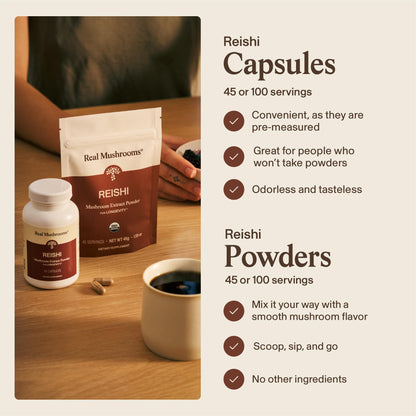 Authentic USA imported Real Mushrooms red reishi daily wellness supplement bottle