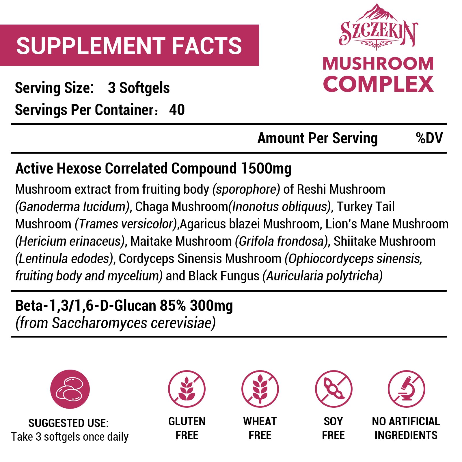 Szczekin 120 softgels dietary supplement packaging showing supplement facts and mushroom ingredients