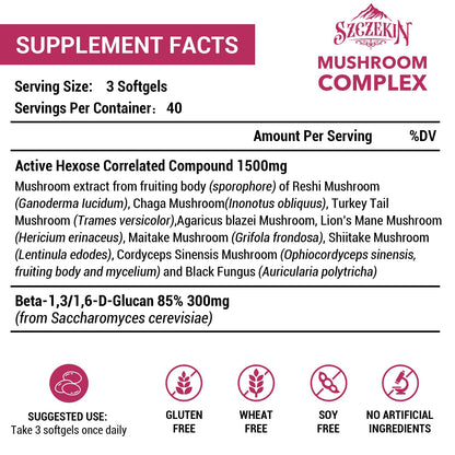Szczekin 120 softgels dietary supplement packaging showing supplement facts and mushroom ingredients