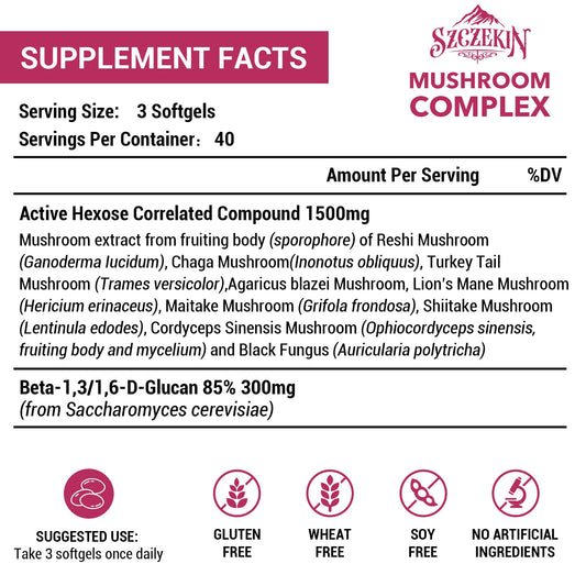 Szczekin 120 softgels dietary supplement packaging showing supplement facts and mushroom ingredients