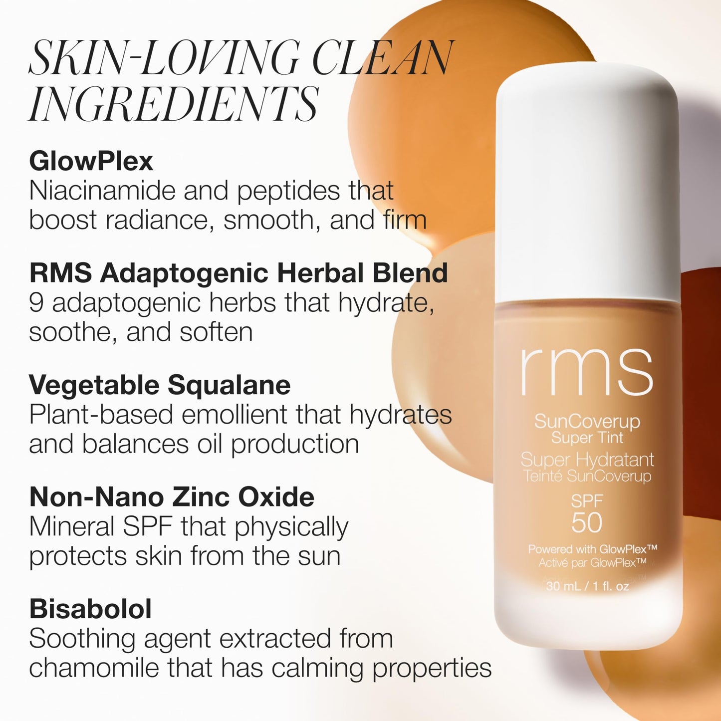 Authentic USA imported RMS Beauty silicone free skin tint sunscreen foundation packaging details.