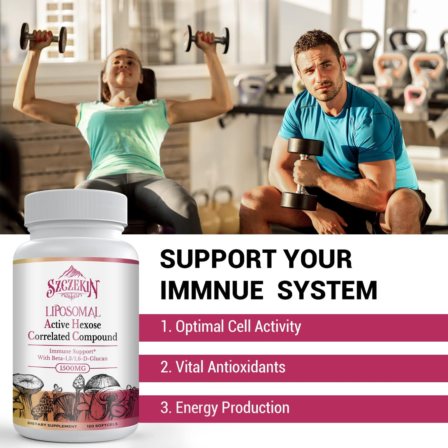 Close up view of premium mushroom extract and beta glucans health supplement capsules