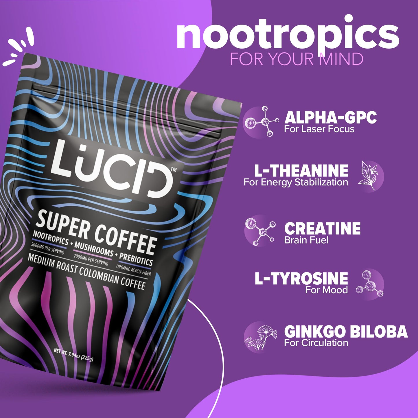 Premium USA imported Lucid superfood coffee tub displayed on a kitchen counter