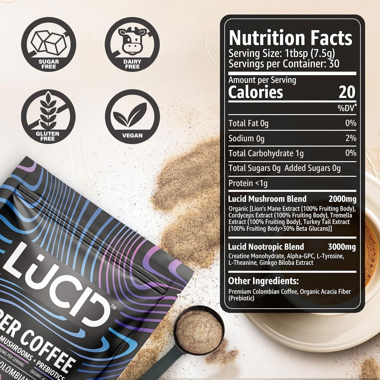 Prepared hot cup of Lucid organic mushroom coffee for daily mental clarity