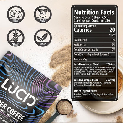 Prepared hot cup of Lucid organic mushroom coffee for daily mental clarity
