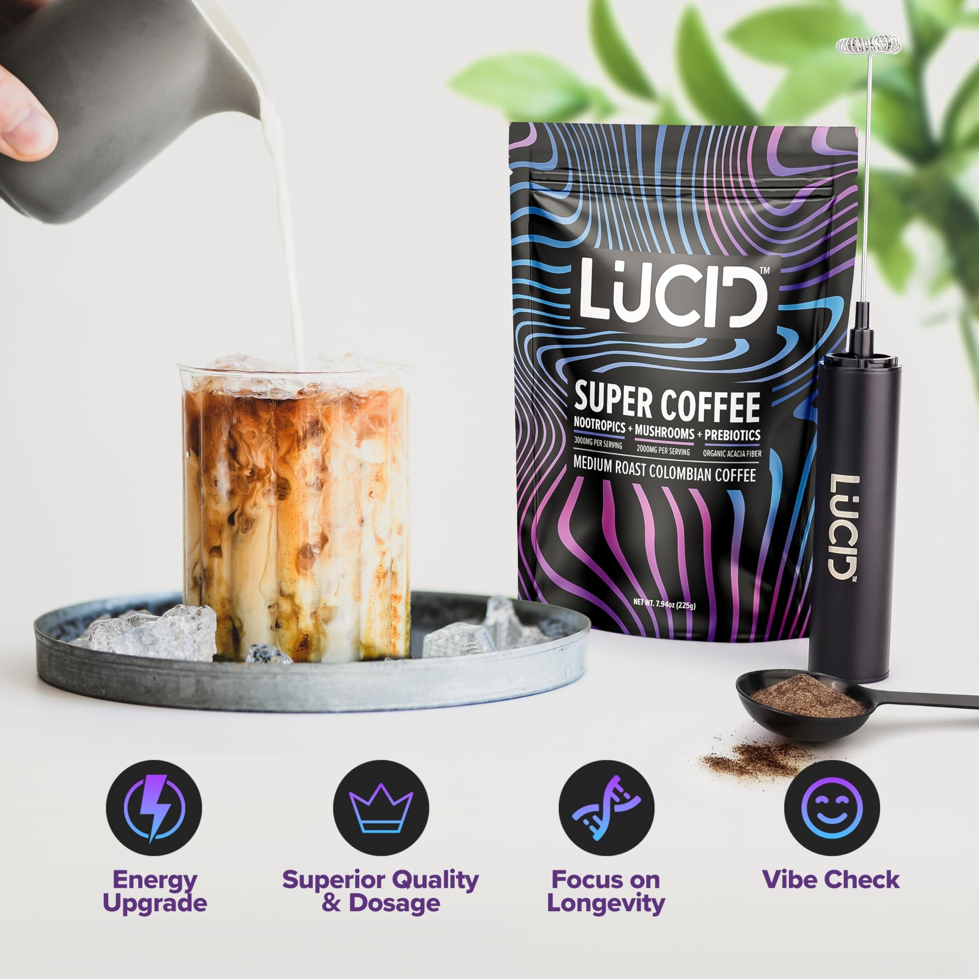 Scoop of Lucid superfood nootropic powder being mixed into warm water