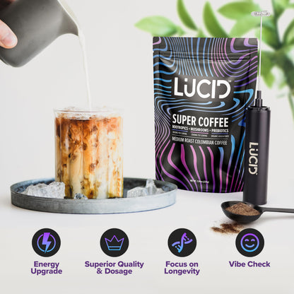 Scoop of Lucid superfood nootropic powder being mixed into warm water
