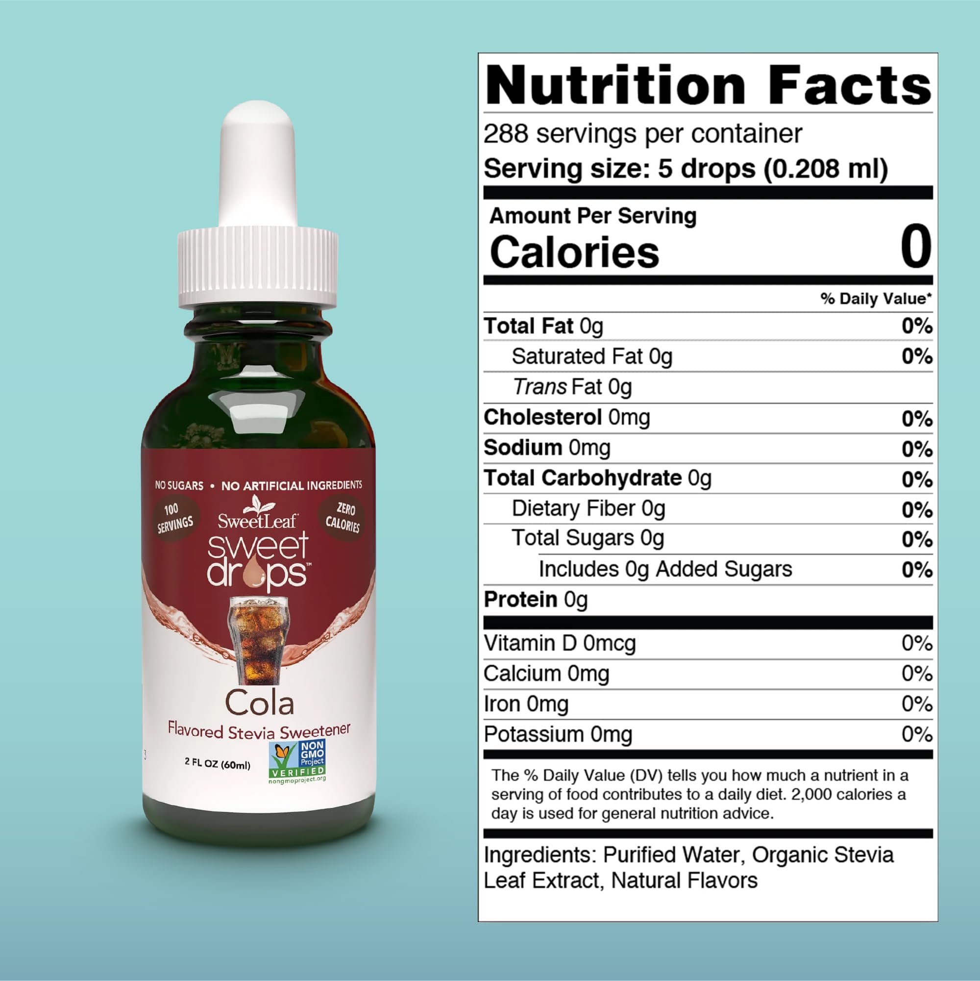 SweetLeaf liquid stevia drops cola flavor organic sugar substitute bottle