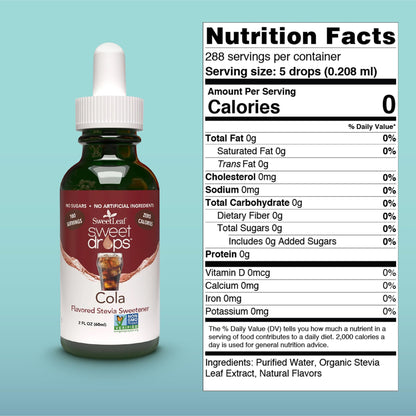 SweetLeaf liquid stevia drops cola flavor organic sugar substitute bottle
