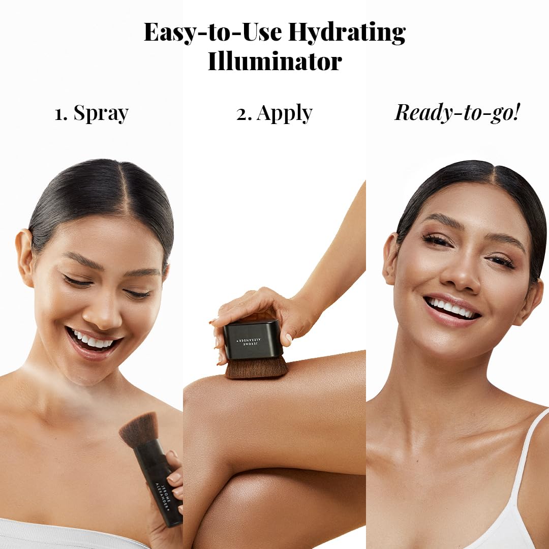 Airbrush tinted moisturizer mist being sprayed onto a makeup kabuki brush