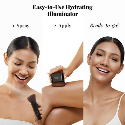 Airbrush tinted moisturizer mist being sprayed onto a makeup kabuki brush