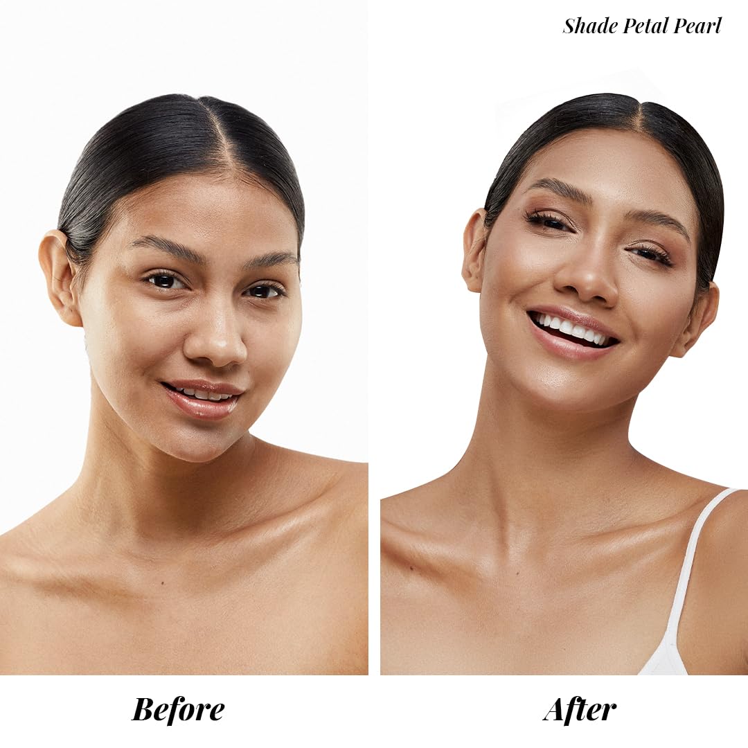 Luminous liquid highlighter swatches of the Petal Pearl shade on skin