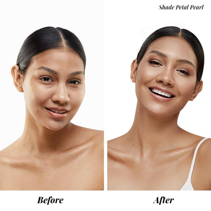 Luminous liquid highlighter swatches of the Petal Pearl shade on skin