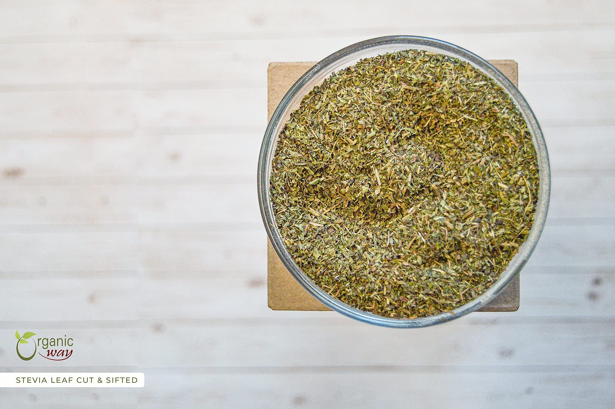 Organic Way Stevia Leaf loose raw cut and sifted herb texture close up