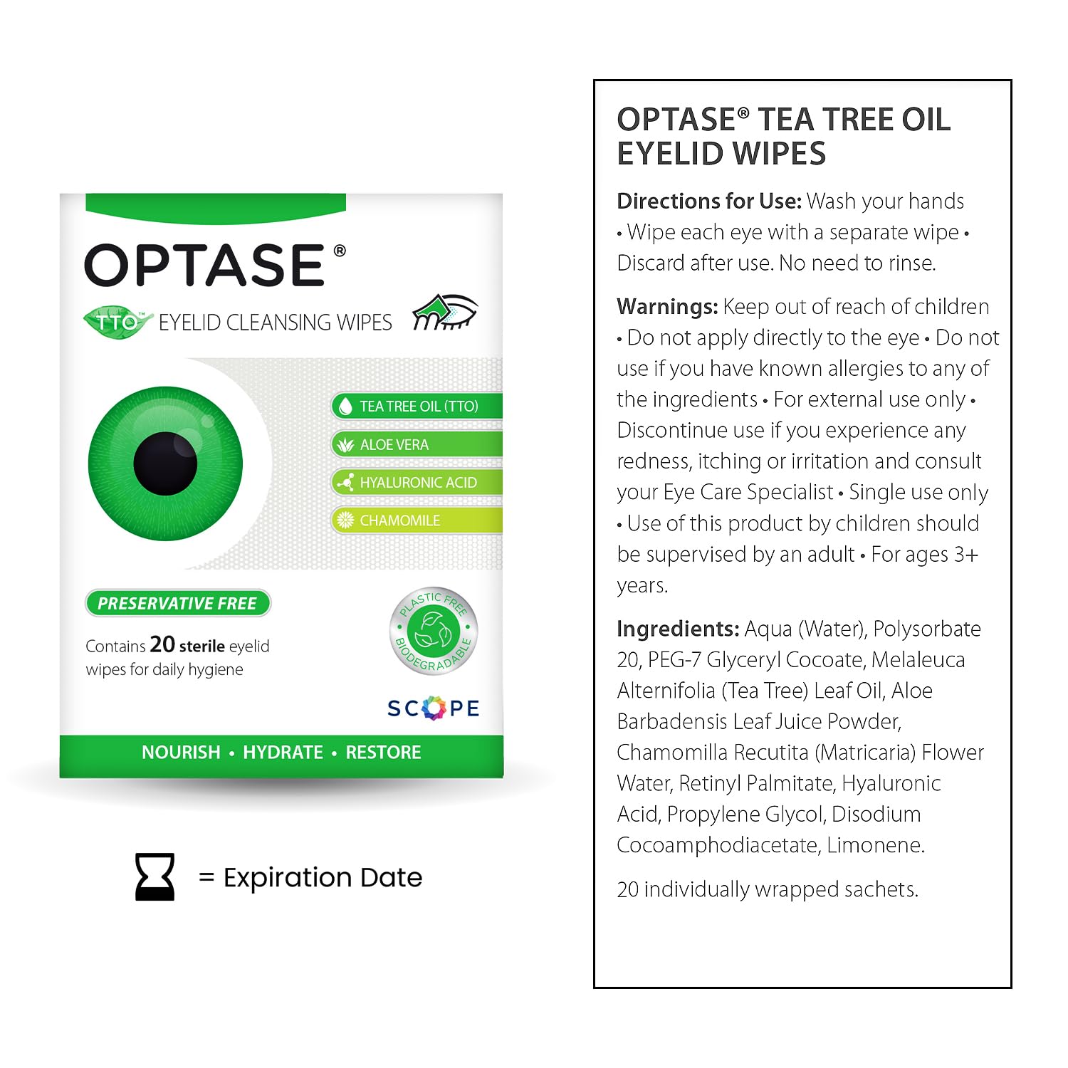 Optase tea tree oil lid wipes box showing 20 count label