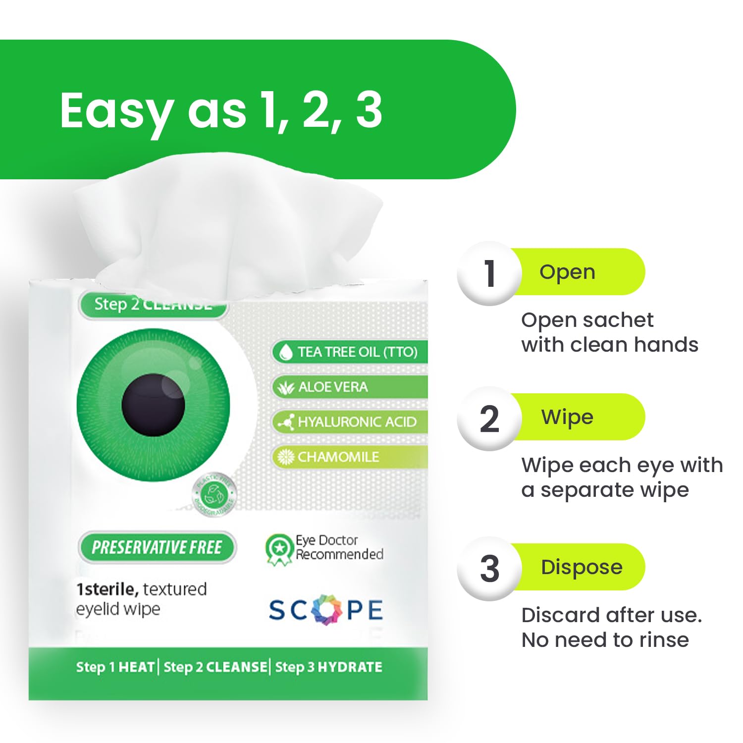 Close up of Optase eye wipes packaging ingredients list