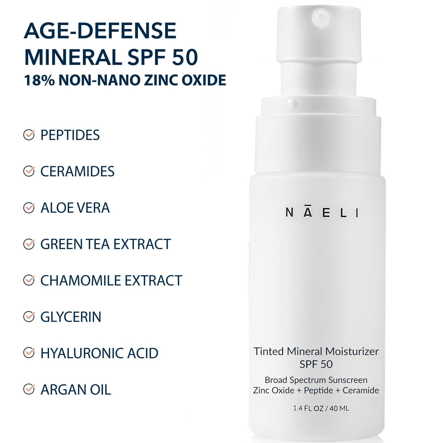 NAELI 1.4 ounce physical sunscreen tube displayed upright illustrating the product size and daily skincare use.