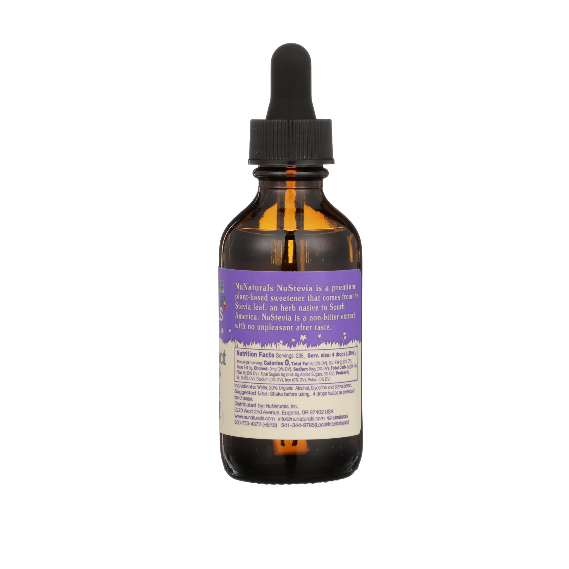 NuNaturals keto friendly clear stevia extract two ounce bottle angled view.